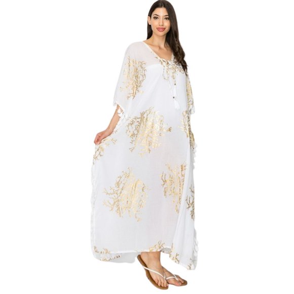 Women’s NWT Elegant White and Metallic Gold Pom Pom Long Kaftan, One Size. - Picture 4 of 7